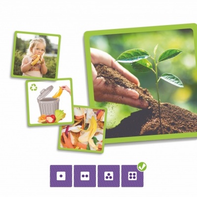 Quatro imagens relacionadas com alimentação, lixo orgânico, reciclagem e plantação, com símbolos roxos e um visto verde