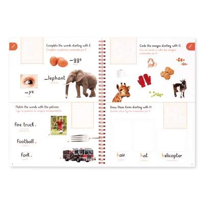 Livro educativo aberto com imagens e texto para aprendizagem de letras e palavras