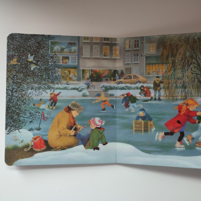 Ilustração de crianças a patinar no gelo em ambiente urbano nevado