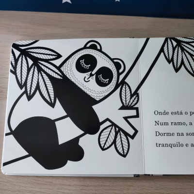 Livro infantil aberto com ilustração de panda preto e branco abraçado a ramo e texto em português