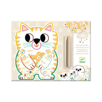 Conjunto para colorir com desenho de gato estilizado e lápis amarelo, embalagem branca com texto multilíngue.