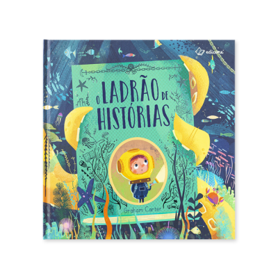 Capa de livro infantil com ilustração subaquática e título 'O Ladrão de Histórias'.