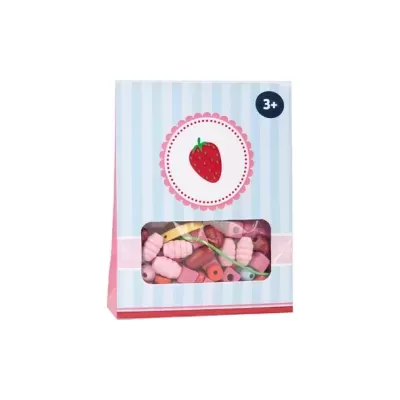 Caixa azul claro riscada com contas coloridas e imagem de um morango