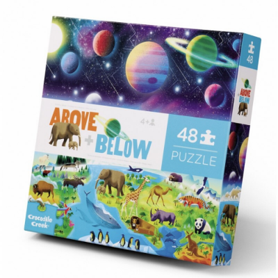 Caixa de puzzle AROVE + BELOW com 48 peças, mostrando animais e planetas coloridos