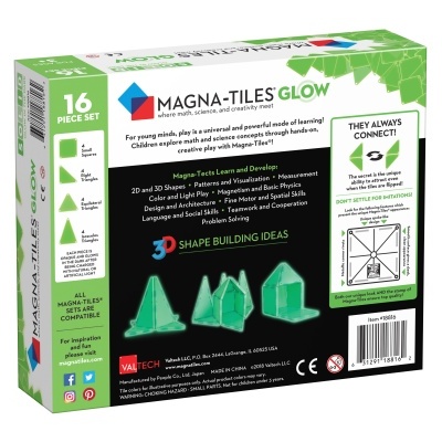 Conjunto de 16 peças MAGNA-TILES GLOW em verde translúcido para construção, em caixa branca e verde