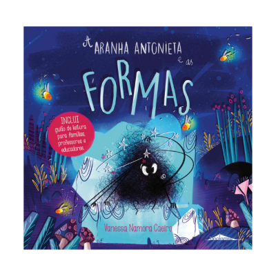 Capa de livro infantil A ARANHA ANTONIETA e as FORMAS com aranha preta e elementos luminosos no fundo azul