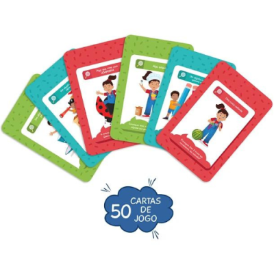 Cartas de jogo ilustradas com crianças e texto em português, 50 cartas coloridas