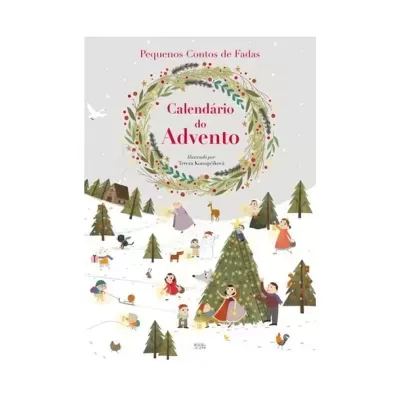 Capa de livro com ilustrações de crianças e árvores de Natal na neve