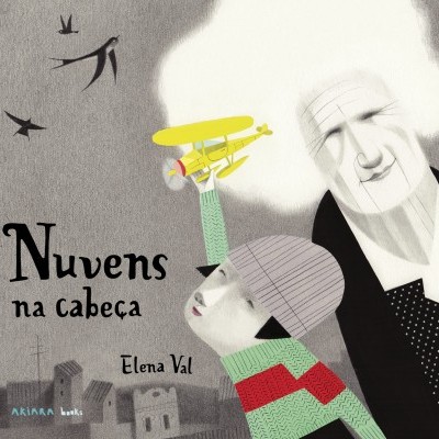 Ilustração de capa de livro com criança a segurar avião amarelo e figura idosa em fundo cinzento