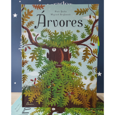 Capa do livro 'Árvores' com ilustração de uma figura feita de folhas e ramos