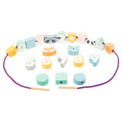 Brinquedo de contas de madeira coloridas com números e formas em cordão roxo