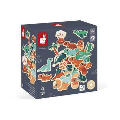 Caixa de brinquedo de madeira com peças de dinossauros e plantas coloridas