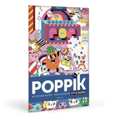 Caixa colorida do produto Poppik com desenhos e texto, tema Street Art