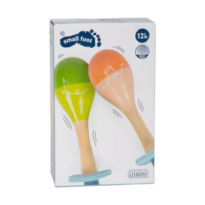Caixa de maracas para criança em madeira com cores verde e laranja