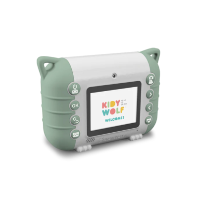 Dispositivo infantil digital verde e branco com ecrã colorido e botões laterais.