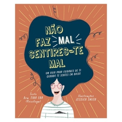 Capa de livro com título sobre saúde mental e ilustração de mulher sorridente com cabelo azul grande