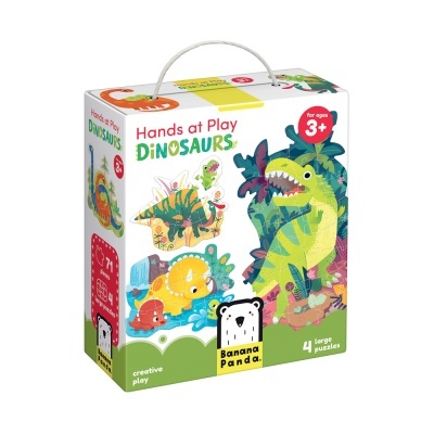 Caixa colorida de puzzle infantil com alça, tema dinossauros e textos em inglês.