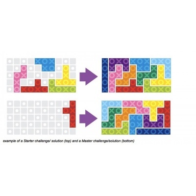 Peças coloridas de puzzle com padrões X e O organizadas em dois conjuntos lado a lado com setas