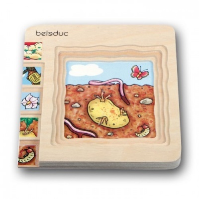 Quebra-cabeça de madeira com ilustração de batata e minhocas