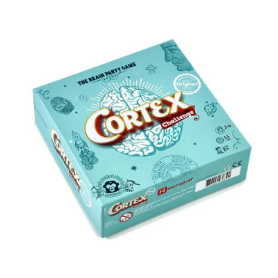 Caixa azul clara do jogo de mesa Cortex Challenge com texto e ilustrações de cérebro.