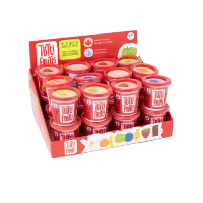 Expositor com potes pequenos de massa de modelar Tutti Frutti com tampas vermelhas