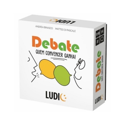 Caixa branca com jogo Debate, ilustração de balões de diálogo, texto em português