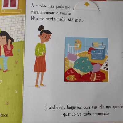 Ilustração de página de livro infantil com criança, quarto desarrumado e texto em português