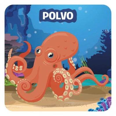 Desenho de polvo laranja em fundo subaquático com a palavra POLVO