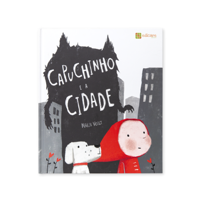 Capa do livro infantil 'Capuchinho e a Cidade' com ilustração de lobo preto, cão branco e criança de capuz vermelho.