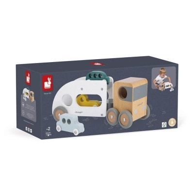 Brinquedos de madeira três veículos em caixa escura