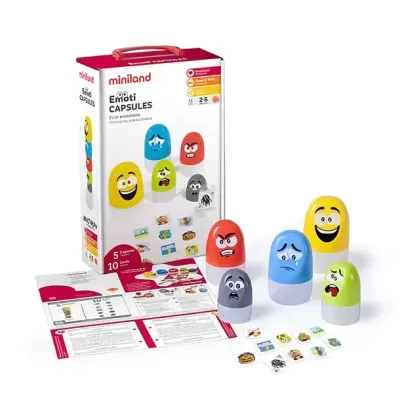 Jogo educativo Miniland Emoji Capsules com cápsulas coloridas e materiais de apoio
