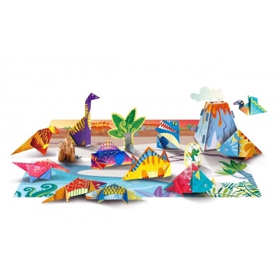 Conjunto de dinossauros e elementos naturais em papel colorido com padrões