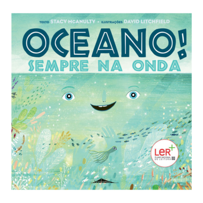 Capa do livro infantil Oceano sempre na onda com ilustrações do mar e figuras sorridentes