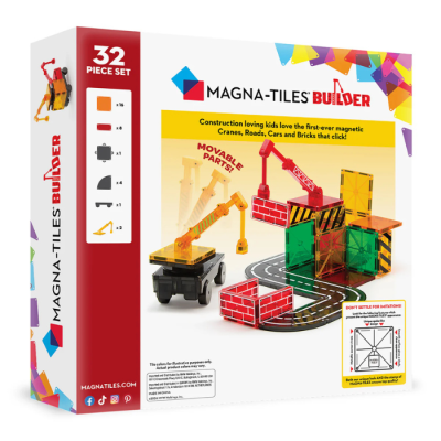 Caixa de conjunto de construção magnético MAGNA-TILES BUILDER colorido com 32 peças e guindastes móveis