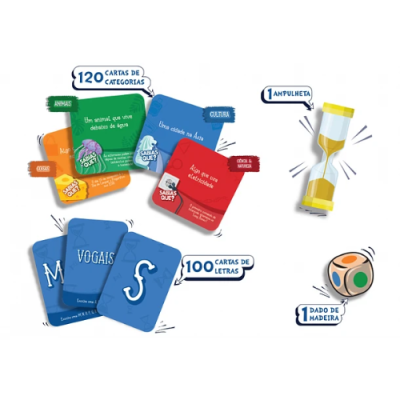 Cartas de jogo coloridas, ampulheta amarela e dado de madeira