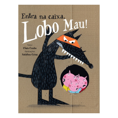 Capa de livro com lobo mau e três porquinhos cor-de-rosa
