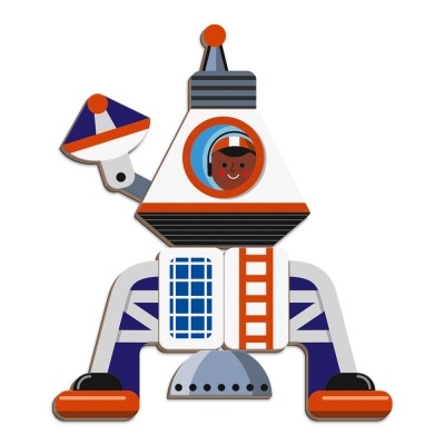 Ilustração colorida de módulo lunar com astronauta e antena