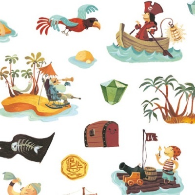 Padrão colorido com tema de piratas, ilhas e tesouros em fundo branco