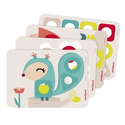 Conjunto de puzzles de madeira para crianças com ilustrações de animais e a palavra 'miniland'