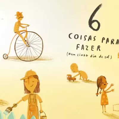 Desenho de crianças a brincar ao ar livre com texto 6 COISAS PARA FAZER (num lindo dia de sol)