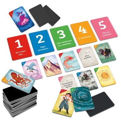 Cartas de jogo coloridas com números, texto em português e ilustrações fantásticas