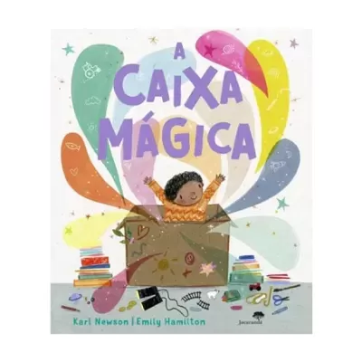 Capa do livro 'A CAIXA MÁGICA' com criança numa caixa colorida e livros ao redor