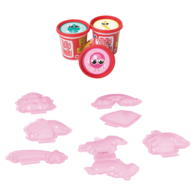 Três copos pequenos de massa para modelar e sete moldes rosa translúcidos de formas diferentes