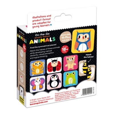 Embalagem de puzzle infantil On-the-Go Animals com imagens coloridas de vários animais e texto em inglês