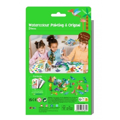 Conjunto para pintura a aguarela e origami de dinossauros em embalagem verde com crianças a usar o produto