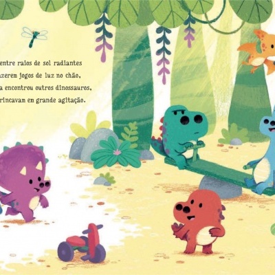 Ilustração de dinossauros a brincar num parque com árvores e brinquedos