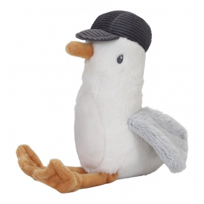 Pelúcia de pássaro branco com boné preto e patas castanhas