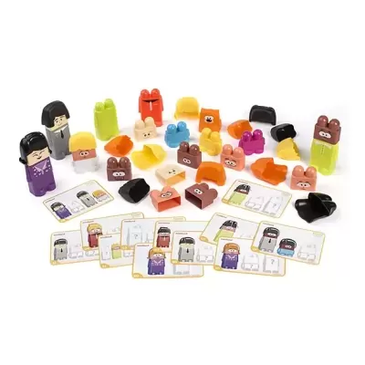 Jogo de tabuleiro com peças plásticas coloridas e cartas instrutivas