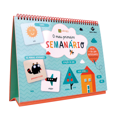 Calendário de mesa colorido com desenhos e padrão azul