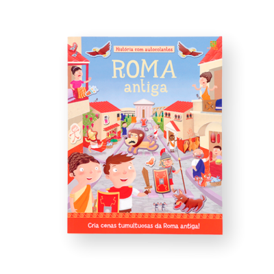 Livro infantil 'ROMA antiga' com ilustração de cena romana colorida